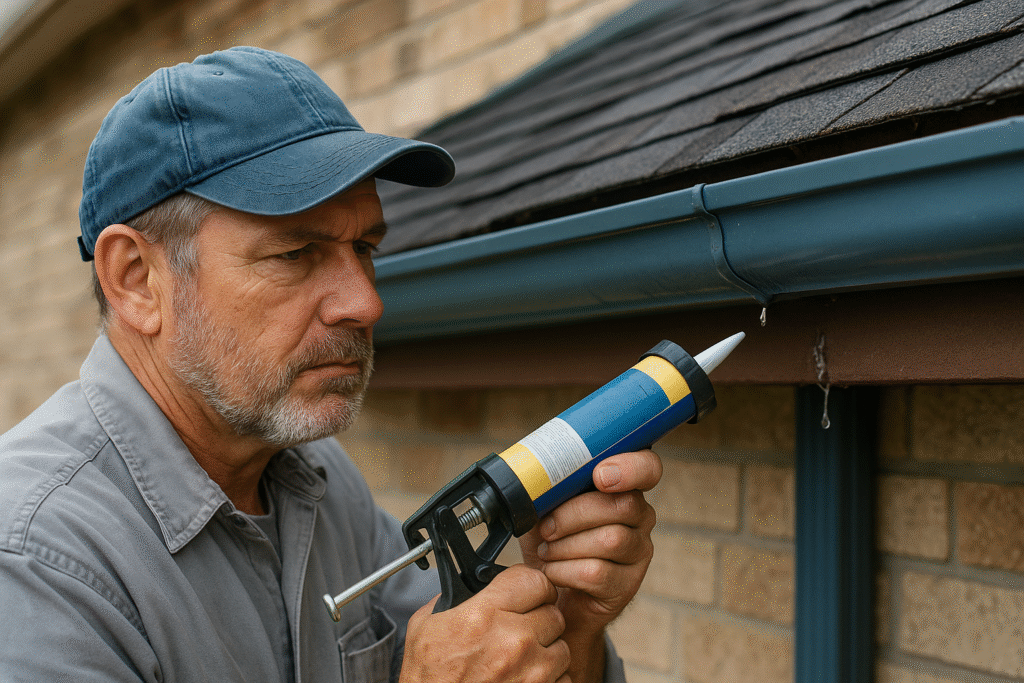 A middle-aged man using a yellow caulking gun to seal a leak in a blue aluminum gutter while standing on a ladder beside a house.
