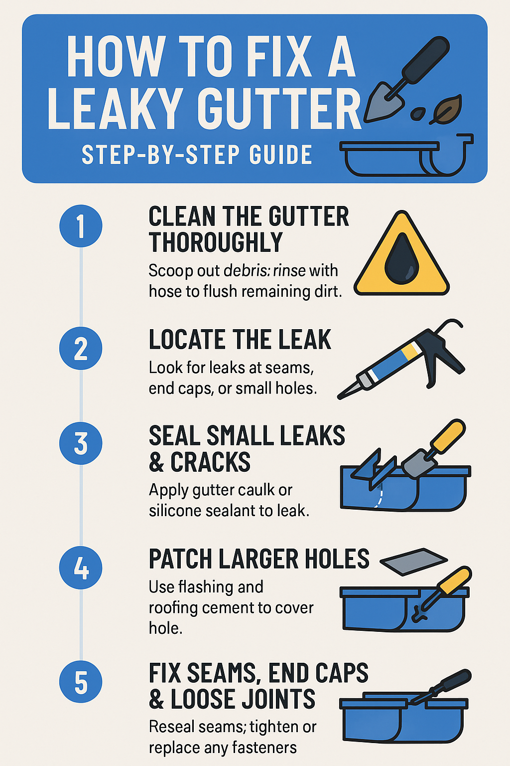 Infographic showing five steps to fix a leaky gutter, including cleaning, locating leaks, sealing cracks, patching holes, and fixing joints.