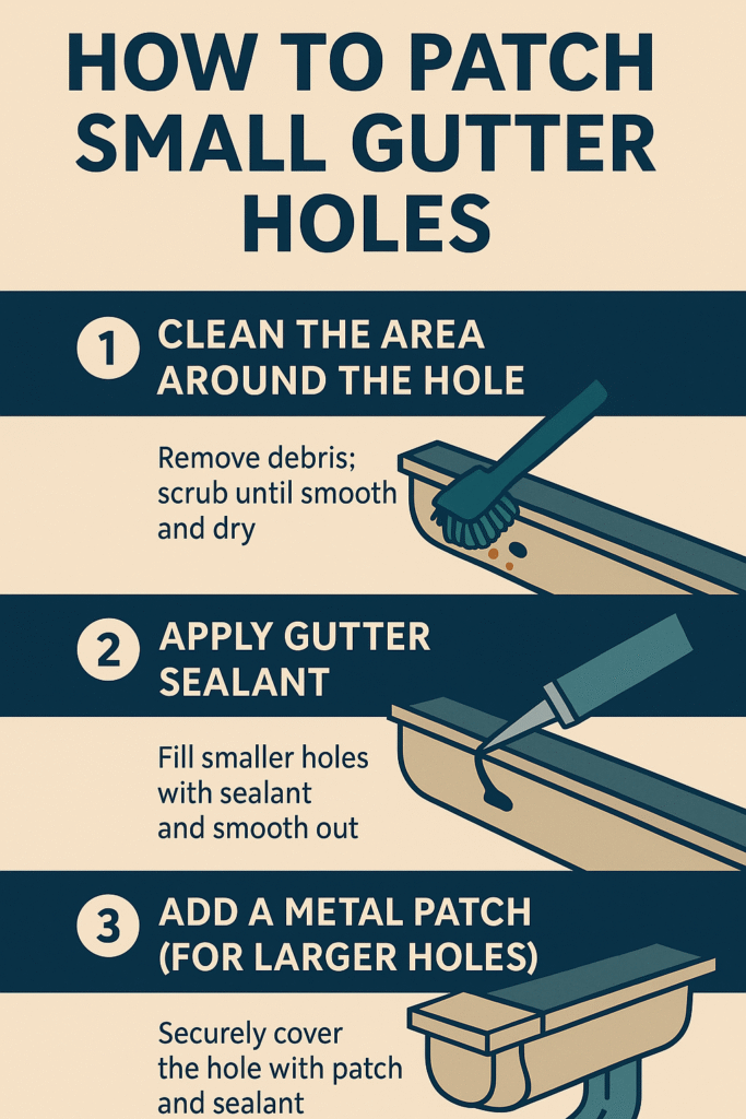 Infographic showing four steps to patch small holes in gutters: clean the area, apply gutter sealant, add a metal patch for larger holes, and let it dry. Includes simple illustrations and brief repair instructions.