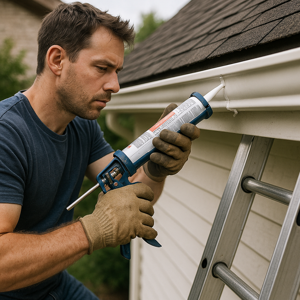 A man wearing work gloves uses a caulking gun to seal a white rain gutter while standing on a ladder next to a house.