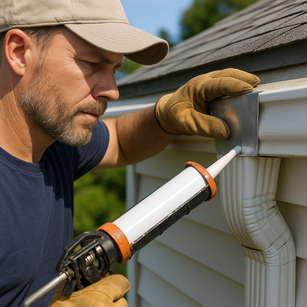 A middle-aged handyman wearing a beige cap and tan gloves applies sealant to a gutter joint using a caulking gun. The scene is set outdoors in daylight, with a house roof and greenery in the background.
