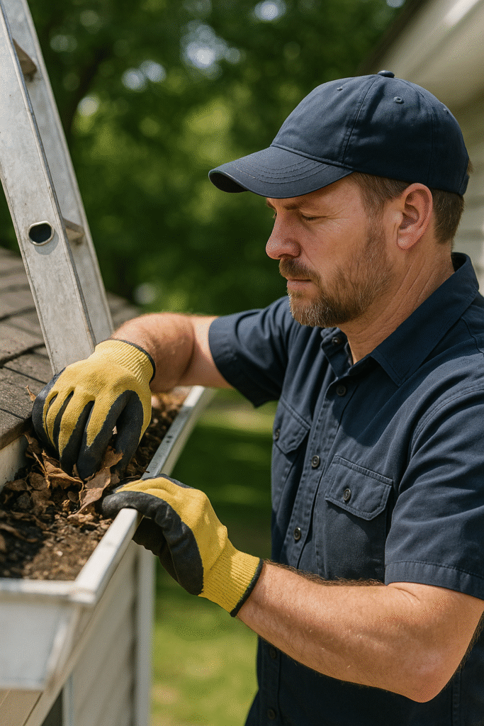 Man wearing gloves and navy uniform cleaning debris from a white residential gutter on a ladder during a sunny day.