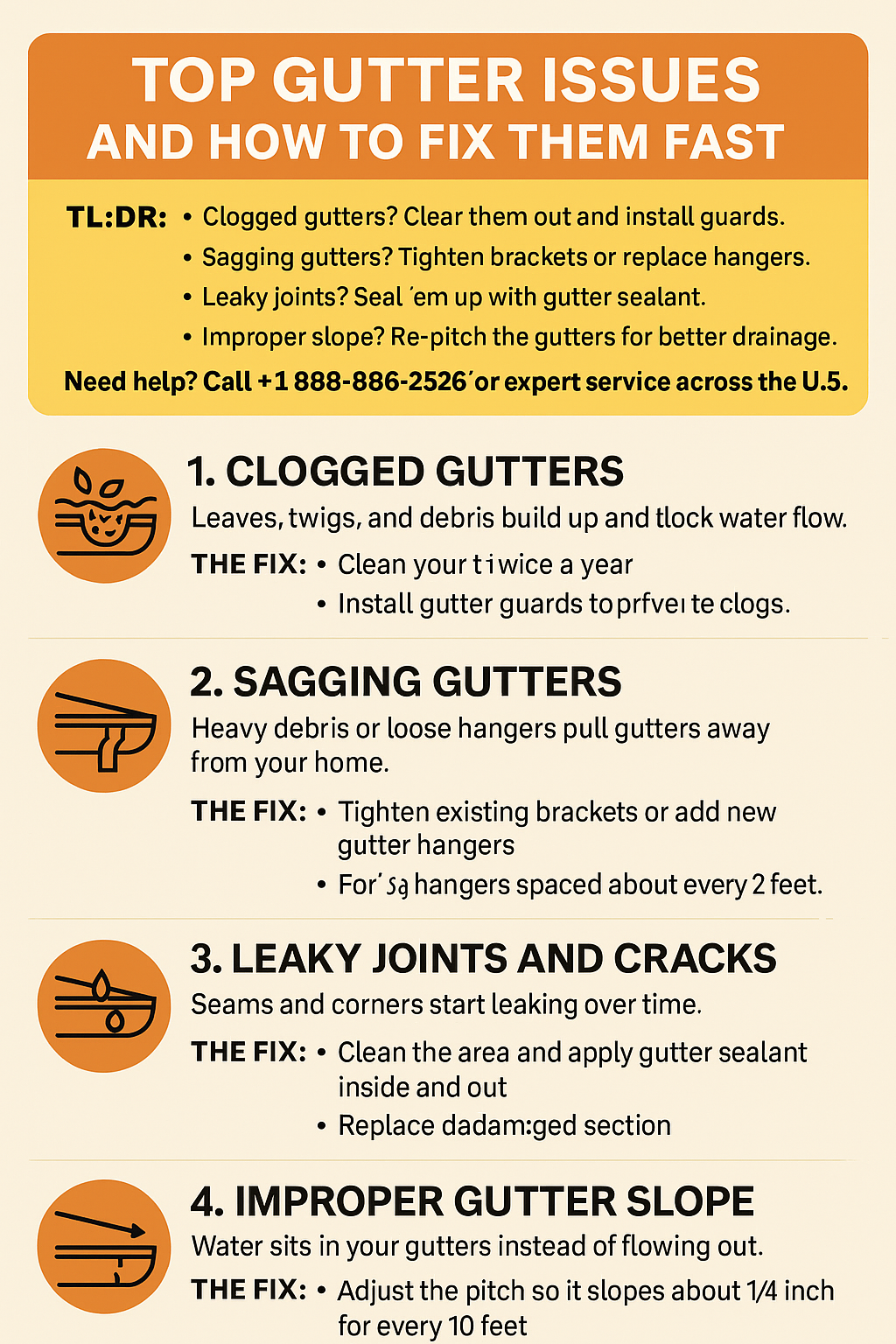 Infographic listing four common gutter problems—clogged gutters, sagging gutters, leaky joints, and improper slope—along with simple DIY fixes and a call-to-action for professional help.