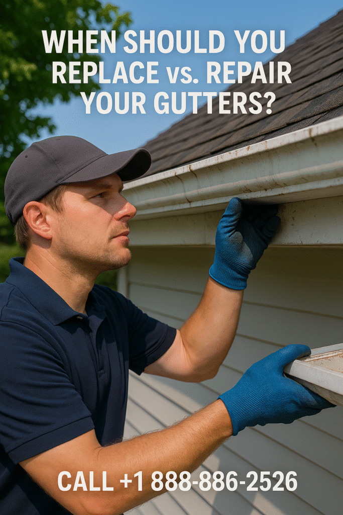 Professional gutter technician inspecting a home's rain gutter system for damage, wearing work gloves and cap, with text asking when to replace or repair your gutters and a call to call +1 888-886-2526.