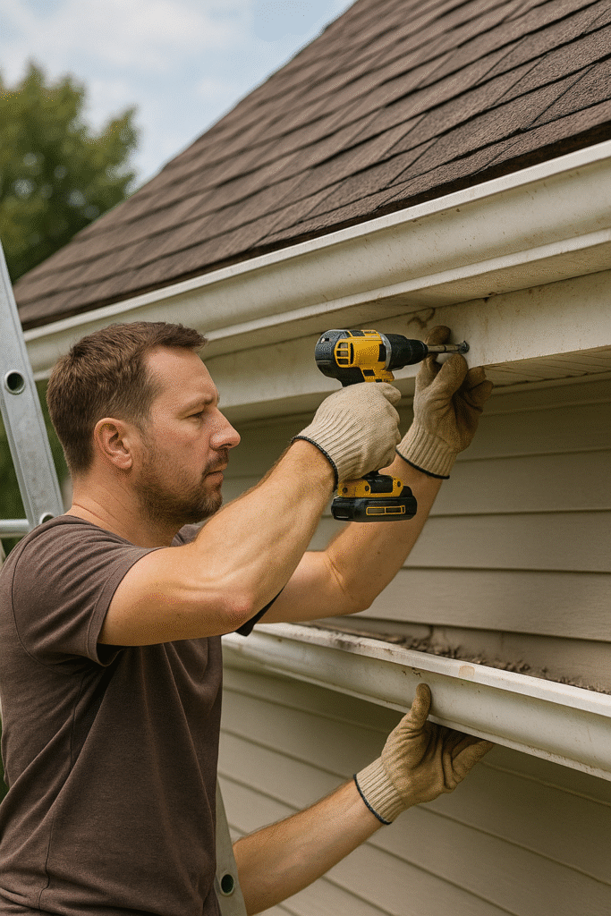 A man wearing gloves uses a cordless drill to reattach a white gutter to the roofline of a suburban home, standing on a ladder with trees and blue sky in the background.