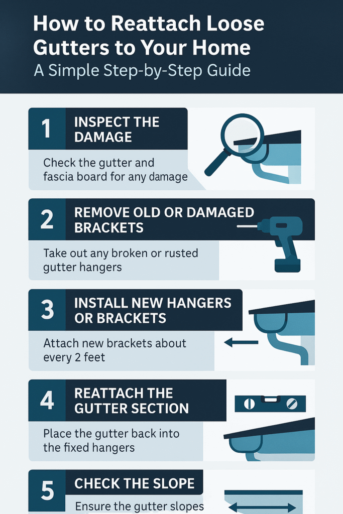 Infographic titled "How to Reattach Loose Gutters to Your Home" showing five illustrated steps: inspect the damage, remove old brackets, install new hangers, reattach the gutter, and check the slope for proper water flow.